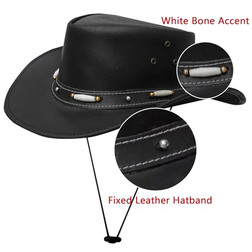 Dream Apparel Black Leather Cowboy Hat for Men Women Western Australian Outback Hat w/Shapeable Wide Brim, Aussie Style Hat - size: Small
