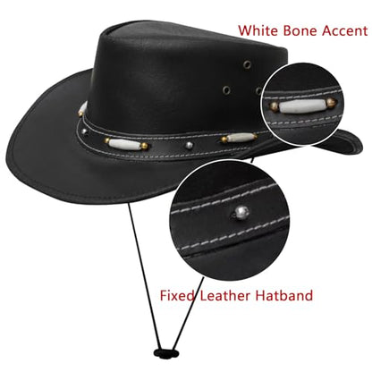 Dream Apparel Black Leather Cowboy Hat for Men Women Western Australian Outback Hat w/Shapeable Wide Brim, Aussie Style Hat - size: Small