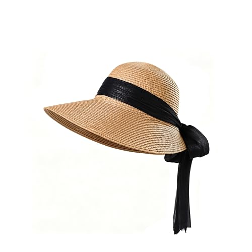 Summer Beach Hat for Women Straw Hats for Women Foldable Womens Sun Hats Outdoor Visor - color: Khaki With Black Ribbon
