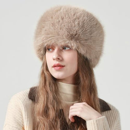 Peicees Winter Faux Fur Hat for Women Russian Style Ladies Ushanka Warm Fluffy Bucket Hat Fuzzy Furry Cap - color: Light Khaki