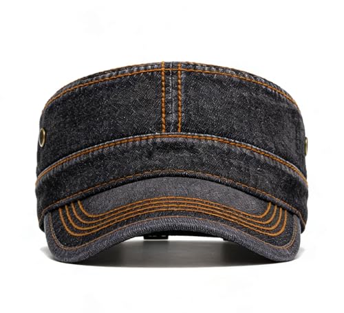 Military Cadet Army Cap for Men Women-Washed Cotton Vintage Adjustable Flat Top Baseball Hat - color: Denim Black