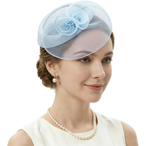 DRESHOW Fascinator Hats for Women Cocktail Tea Party Hat Netted Pillbox Hat Vintage Derby Hats for Bridal Wedding - color: Pillbox Hat: Light Blue