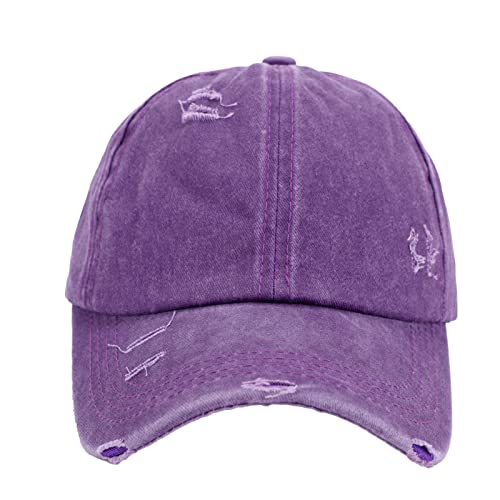 Criss Cross Ponytail Hat Women Washed Distressed Baseball Caps Adjustable High Messy Bun Ponycap - color: B - Denim Purple