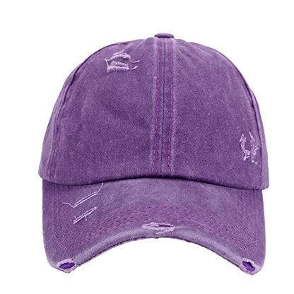 Criss Cross Ponytail Hat Women Washed Distressed Baseball Caps Adjustable High Messy Bun Ponycap - color: B - Denim Purple