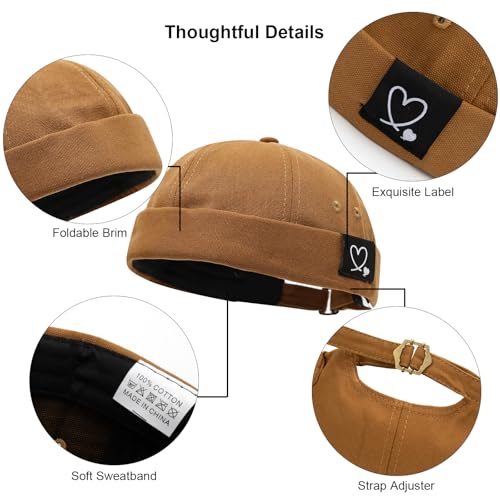Mens Docker Cap Brimless Skullcap Sailor Cap Rolled Cuff Retro Beanie Hat - color: Double Heart Khaki