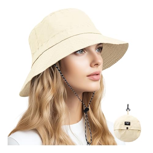 NPQQUAN Sun Bucket Hats for Woman Men Lightweight Sun Hat Packable Foldable - color: (Beige)