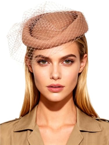 Wool Felt Vintage Beret Wedding Top Hats for Women Elegant Church Fedoras with Veil Ladies Cap Autumn Winter - color: Khaki