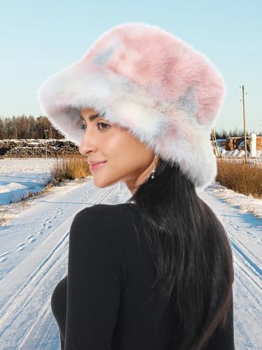 LA CARRIE Women's Fuzzy Wide Brim Faux Fur Bucket Hat Winter Fisherman Cap - color: Red Blue