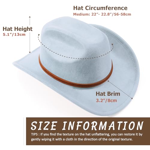 Western Cowboy Hats for Women Classic Felt Wide Brim Fedora Hat with Belt Buckle Retro Panama Hat Unisex Rolled up Cap - color: Suede Cowboy Hats : Blue, size: Medium