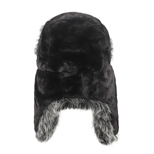 PURFUN Fuzzy Faux Fur Ushanka Russian Hat for Men Women, Winter Plush Full Hood Earflap Cap Cycling Ski Hunting Trapper Hat - color: Black