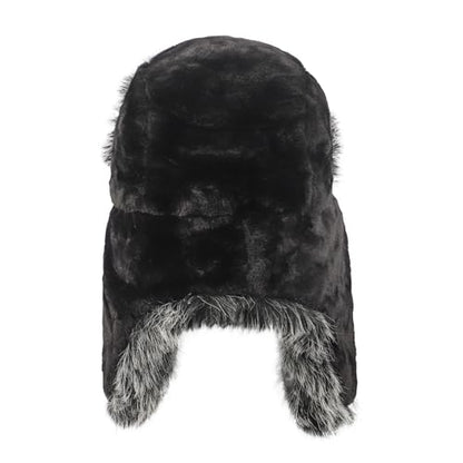 PURFUN Fuzzy Faux Fur Ushanka Russian Hat for Men Women, Winter Plush Full Hood Earflap Cap Cycling Ski Hunting Trapper Hat - color: Black