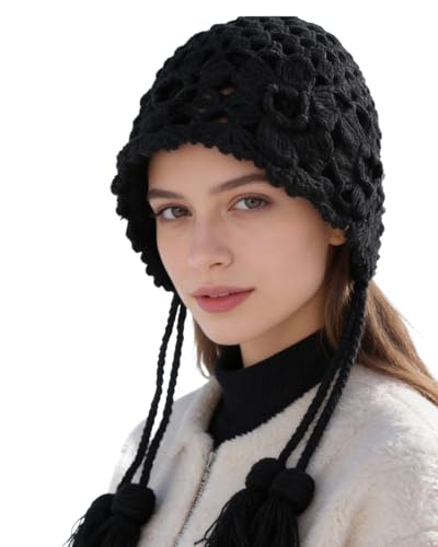 MINGSEECESS Women Girls Knitted Beanie Hat Crochet Braided Knit Warmer Cap Skiing Snowboarding Ear Flap Hats - color: Knitted-black