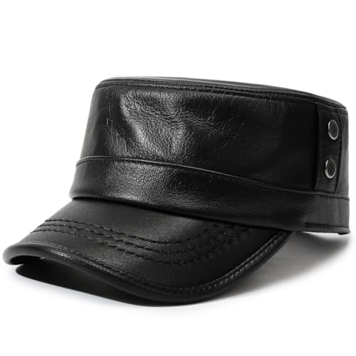 Leather Military Cap for Men Cadet Army Caps Style Flat Cap - color: Black