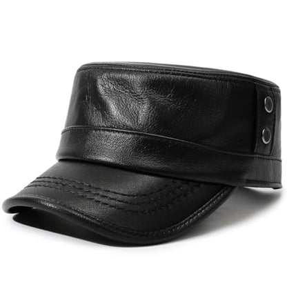 Leather Military Cap for Men Cadet Army Caps Style Flat Cap - color: Black