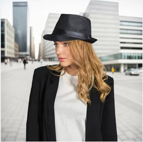 Giroir 2Pack Fedora Hats for Men Women Short Brim Unisex Short Brim Summer Beach Style 1920s Party Accessories - color: Black+khaki, size: Large-X-Large