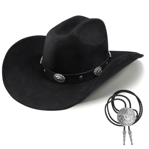 Western Cowboy Hat for Men Women,Shapeable Wide Brim Felt Fedora Classic Cowgirl Hats for Cowboys and Cowgirls,with bolo tie - color: Black-f, size: Large-X-Large