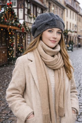 VECRY Lady French Beret 100% Wool Beret Floral Dress Beanie Winter Hat - color: Bow-grey
