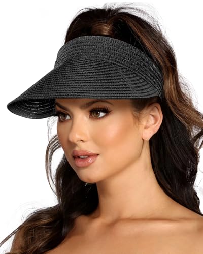 EW EastWater Beach Sun Visor Hats for Women, Wide Brim UPF50+ Sun Protection Straw Hat Packable Foldable for Summer - color: Black, size: One Size