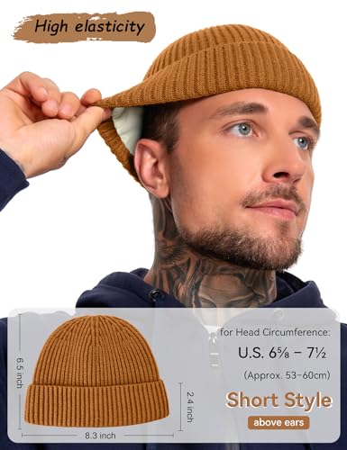 Fleece Lined Wool Short Fisherman Beanie Men Women Cuff Winter Hat - color: 1pc-camel