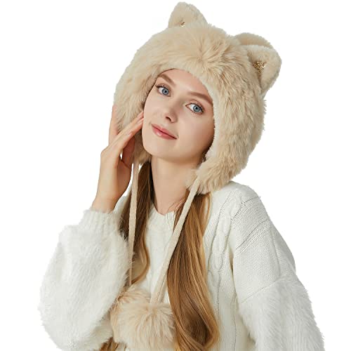HUAMULAN Women Winter Sherpa Knit Beanie Hat Fleece Lined Ear Flaps - color: Beige Solid