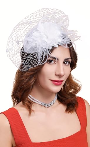 Fascinators Hats for Women Pillbox Hat 20s 30s 50s Vintage Feather Headwear Bowler Flower Veil Wedding Tea Party Hat - color: X-white