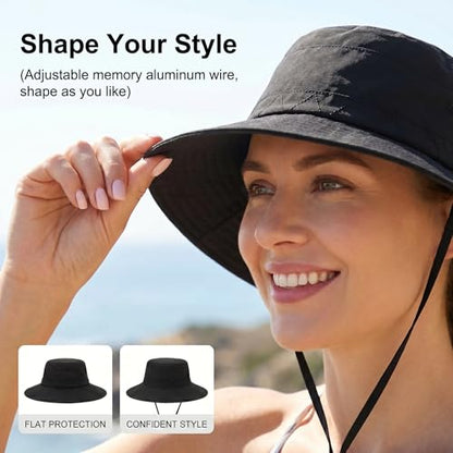 Moon Kitty Men's Sun Hat UPF 50+ Wide Brim Bucket HatAdjustable Nylon Fishing Hiking Boonie Hat for Large Heads - color: Black