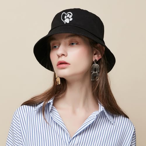 Bucket Hat Beach Sun Hat Fishing Hat for Women Men, Summer Outdoor Travel Packable Fisherman Hat - color: Heart Dog Paw Black