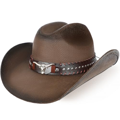 WQWOVRVO Cowboy Hat,Cowgirl hat,Brown Cowboy Hats for Women/Mens Straw Wide with Shapeable Brim Western Cowboy Hat for Womens - color: Dark Brown