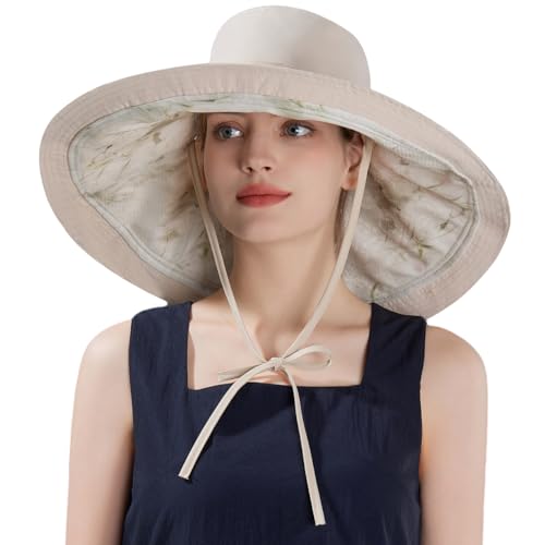 HUAMULAN Women Wide Brim Reversible Sun Hat Summer Beach Fishing Bucket - color: Beige