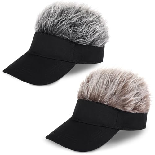 Adjustable Sun Visor Hat with Wig Spiked Hairs Fashion Baseball Golf Cap for Men & Women - color: 2pack Brown+grey