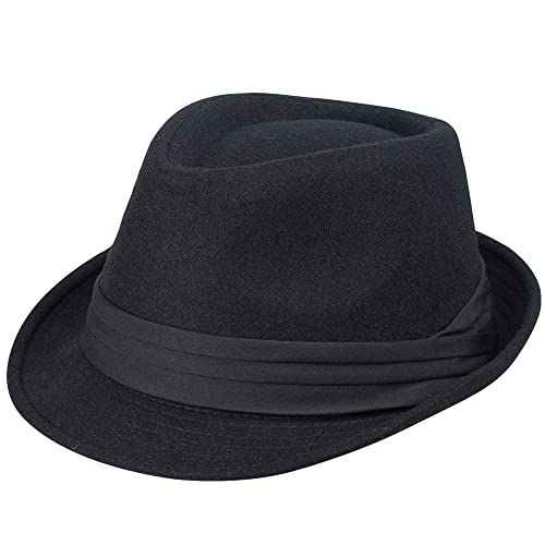 Fedora Hat for Women Men 1920s Short Brim Triby Gangster Hat Size 7 1/2 - color: Black - Tri-pleated Hat Band