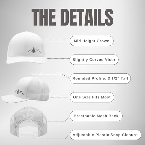 LINDO Trucker Hat [ Great Outdoors Design ] for Men and Women: Mid Profile Cap with Breathable Mesh Back and Adjustable Snap - color: White