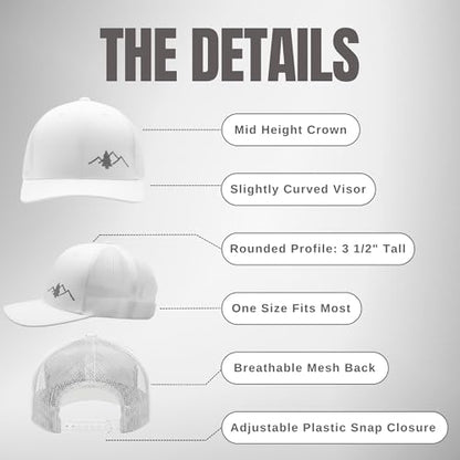 LINDO Trucker Hat [ Great Outdoors Design ] for Men and Women: Mid Profile Cap with Breathable Mesh Back and Adjustable Snap - color: White