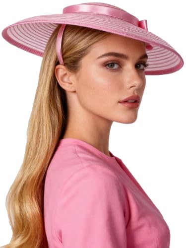 Vintage Fascinators Pillbox Hat for Women Straw Fedora Wide Brim Ladies Church Sinamay Derby Hats - color: Pink