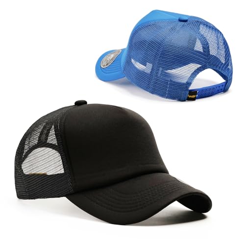2-Pack Classic Foam Trucker Hat Summer Mesh Hat Lightweight Adjustable Back Buckle Strap - color: Black/Blue