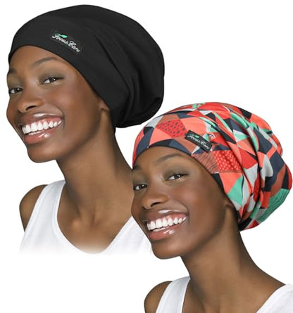 Adjustable Satin Lined Sleep Cap for Dreadlocks Curly Hair Large Head-Stay On Overnight - color: Red Leopard
