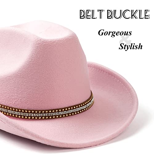 Lisianthus Women's Cowboy Felt Hat Wide Brim for Party Western - color: A Shiny-pink