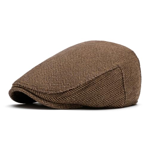 meioro Herringbone Flat Ivy Newsboy Cap for Men Classic Tweed Newsboy Hat Wool Blend Flat Cap Gatsby Cabbie Hats Ivy Caps - color: Coffee