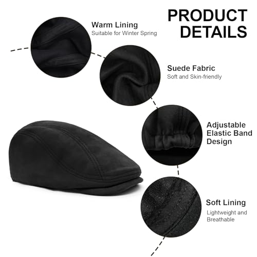 YAMEIZE Retro Suede Newsboy Hats for Men Women Beret Ivy Flat Cap Adjustable Winter Caps Trendy - color: Black
