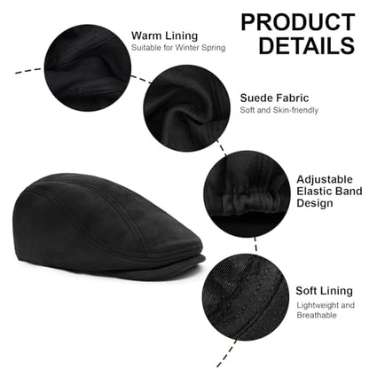 YAMEIZE Retro Suede Newsboy Hats for Men Women Beret Ivy Flat Cap Adjustable Winter Caps Trendy - color: Black