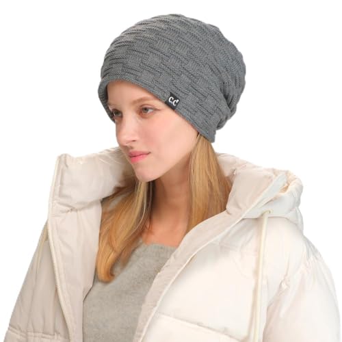 C.C Fuzzy Lined Beanie, Thick Soft Knit Winter Hat, Warm Cozy Skull Cap for Women & Men - color: Light Melange Grey