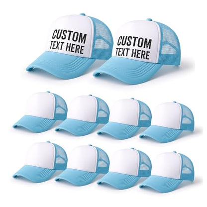 10 Pack Blank Trucker Hats Bulk, Plain Baseball Hats for DIY Heat Transfer Vinyl HTV Embroidery Team Events - color: Sky Blue White
