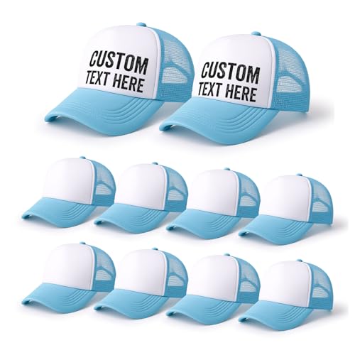 10 Pack Blank Trucker Hats Bulk, Plain Baseball Hats for DIY Heat Transfer Vinyl HTV Embroidery Team Events - color: Sky Blue White