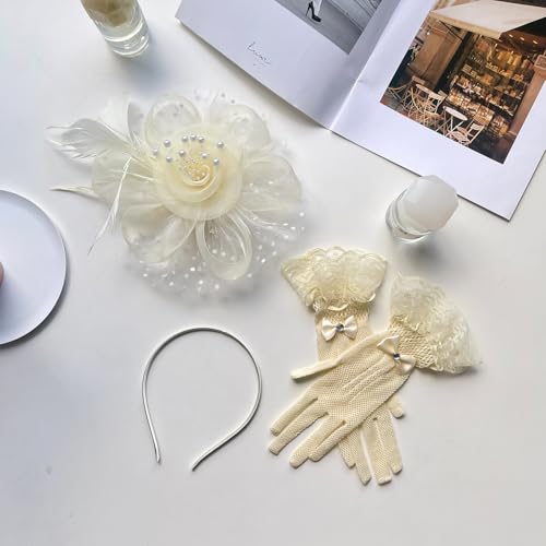 GurZinn Fascinator Hat Veil Feather Fascinator Tea Party Bridal Wedding Veil Pillbox Hat - color: C-white Hat&glove