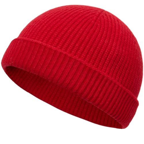 Thin Wool Fisherman Beanie Hat Unisex Cuffed Trawler Skull Cap - color: 1 Red