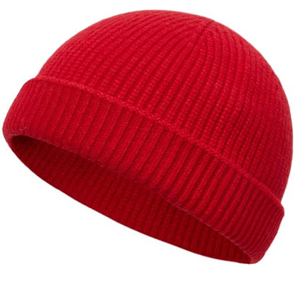 Thin Wool Fisherman Beanie Hat Unisex Cuffed Trawler Skull Cap - color: 1 Red
