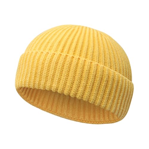 Wool Fisherman Beanies for Men Women Short Cuff Knit Beanie - color: Yellow
