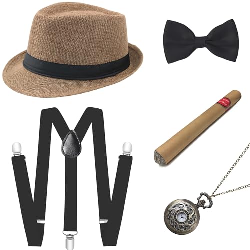 BABEYOND 1920s Mens Gatsby Gangster Accessories Set Panama Hat Suspender Bow Tie - color: Camel Set