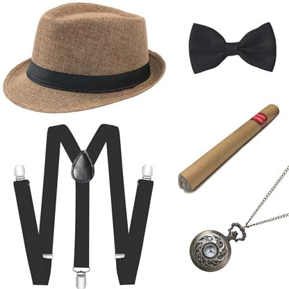 BABEYOND 1920s Mens Gatsby Gangster Accessories Set Panama Hat Suspender Bow Tie - color: Camel Set