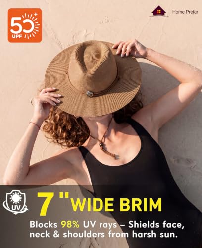 Home Prefer UPF50+ Men's Wide Brim Straw Fedora Sun Hat with Badge Lanyard - color: Brown